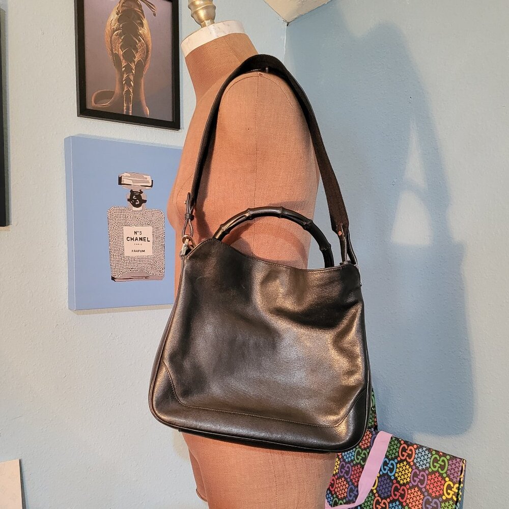 GUCCI Two Way Bamboo Handle Black Leather Shoulder Bag